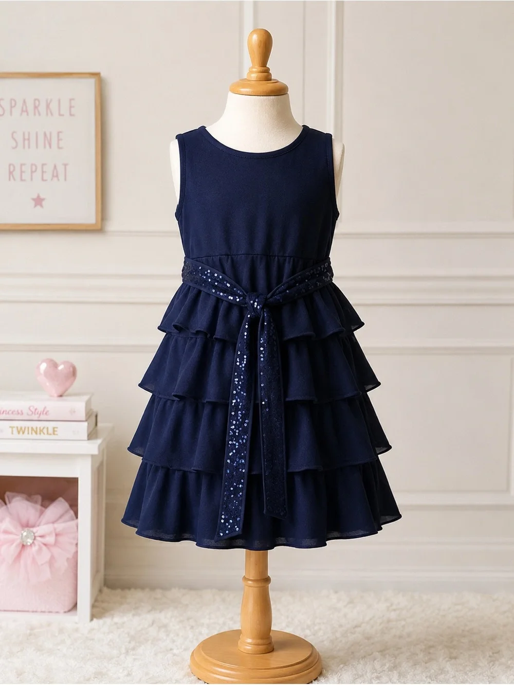 NWT The Children's Place Girls Navy Blue Sequin Belt Tiered Ruffle Dress L 10/12
